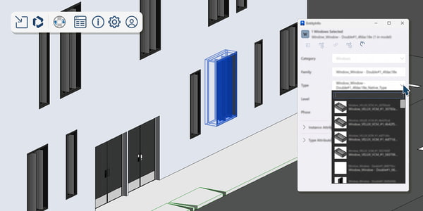 SketchUp-Modelle in Revit bearbeiten Ausgewähltes Fenster in Revit mit SketchUp-Symbolleiste und Dialog zur Auswahl des Fenstertyps