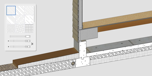 Schnittschraffuren in SketchUp 2027 Wandschnitt mit Schraffuren für Beton, Dämmung und Erdreich und Dialog zur Auswahl der Schraffur