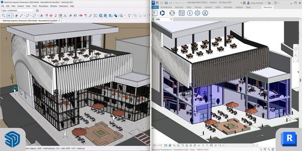 SketchUp und Revit im Austausch Gleiches Gebäudemodell in SketchUp 2027 und in Autodesk Revit nebeneinander
